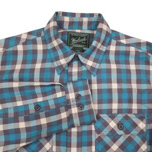 Woolrich Mens Long Sleeve ButtonUp Shirt Aqua Plaid Under Arm Gusset Sleeve Tabs